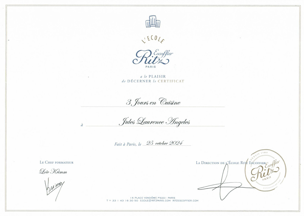 Ritz Escoffier Certificate