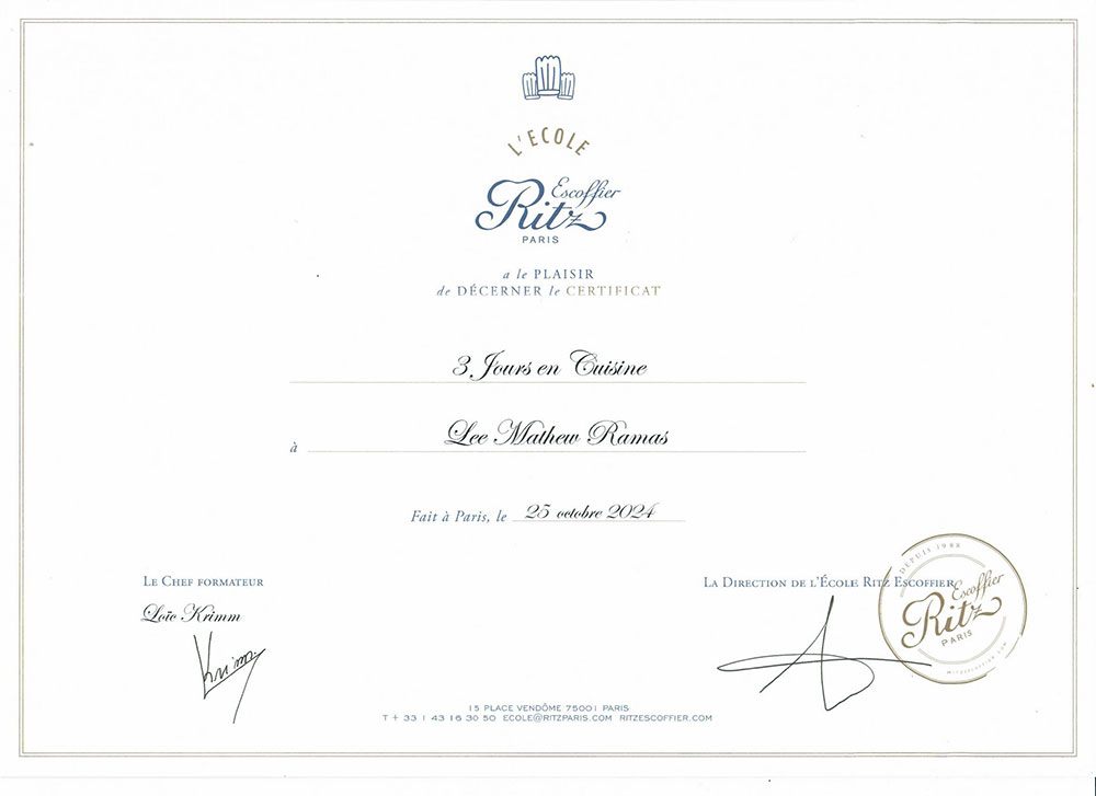 Ritz Escoffier Certificate