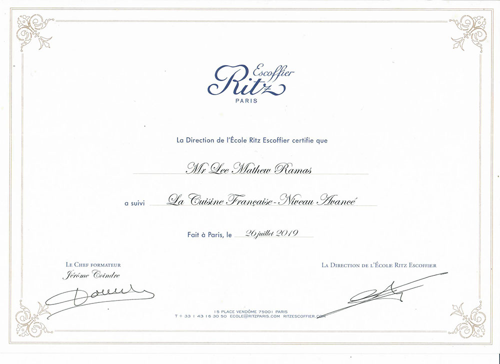 Ritz Escoffier Certificate