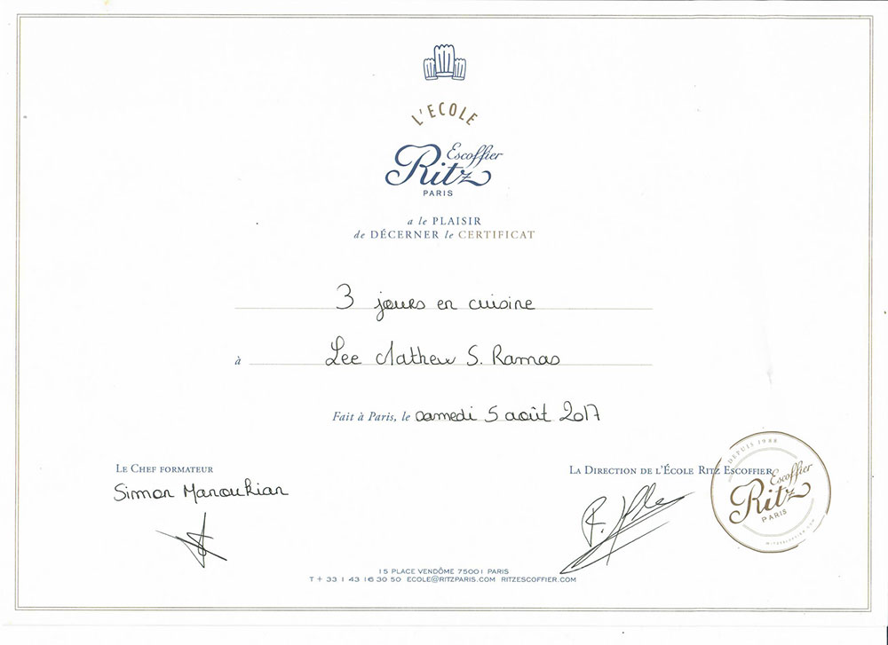 Ritz Escoffier Certificate