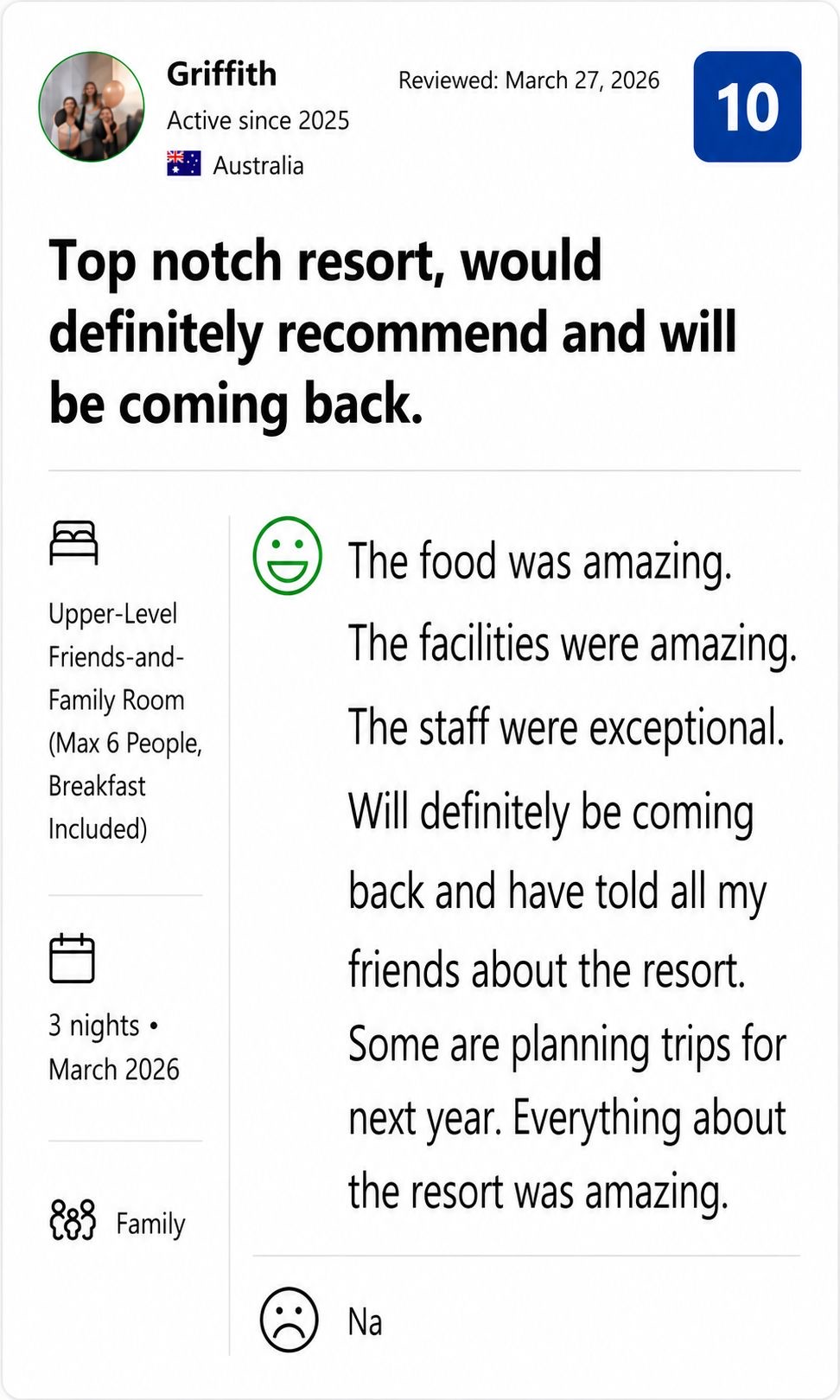 Real guest review card from Booking.com: scored 10, top notch resort, will be coming back