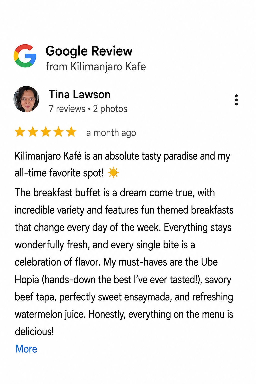 Real five-star Google review of Kilimanjaro Kafe's breakfast buffet