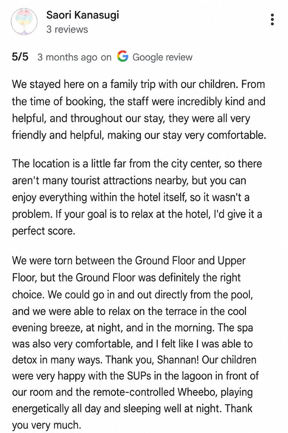 Real five-star Google review of a ground-floor room by the lagoon