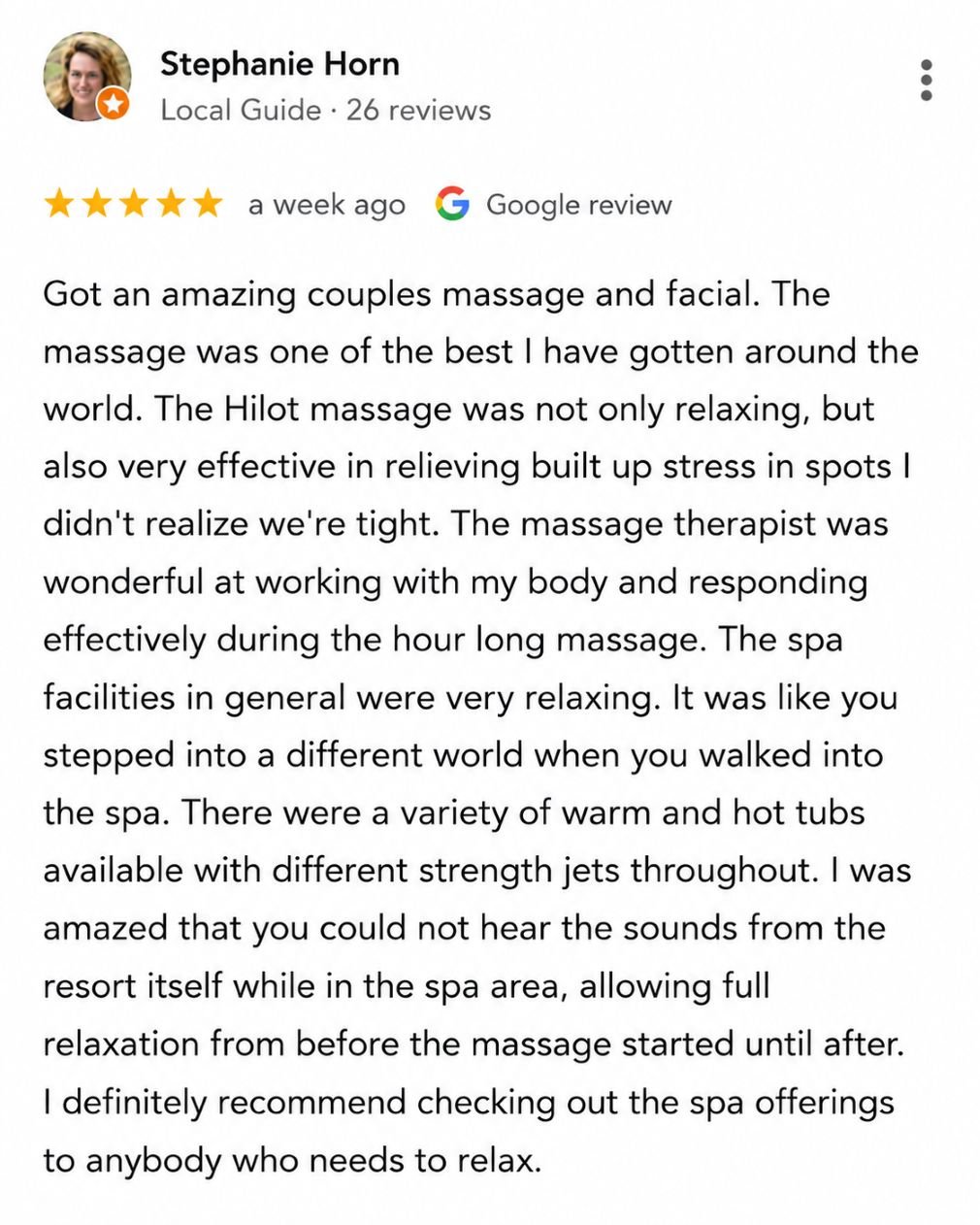 Real five-star Google review of the Hilot massage and the spa