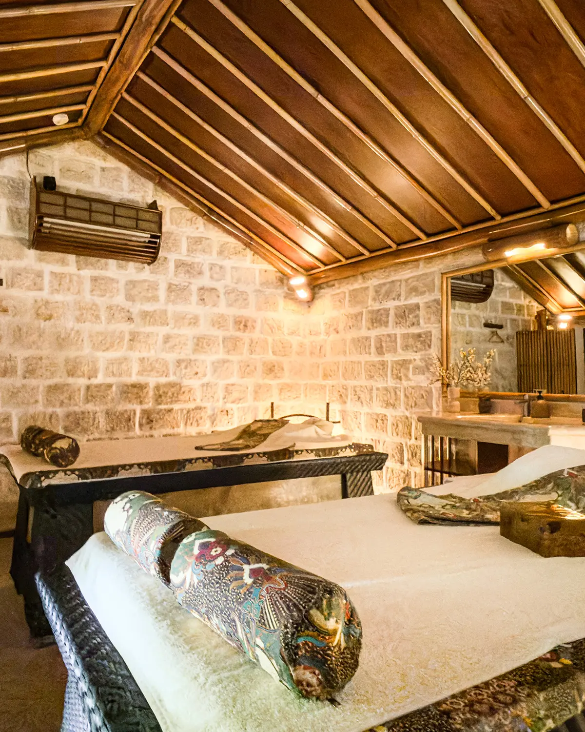 A treatment room with its ceiling and custom beds