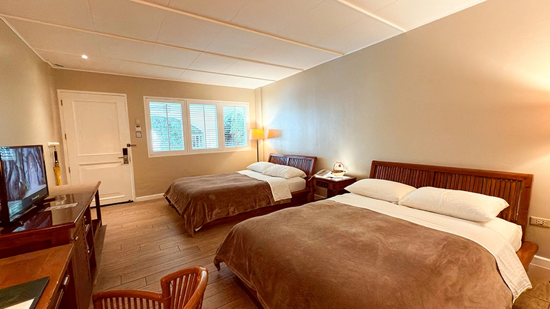 Deluxe Poolside Room with louvered window between the two beds and the entrance door