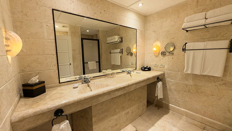 Friends-and-Family Room bathroom with long double-sink marble vanity