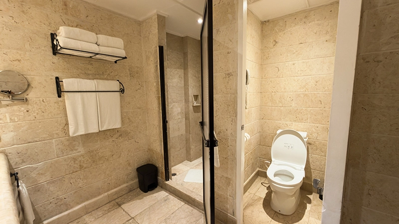 Smoking-Permitted Room bathroom with glass shower stall and separate toilet compartment