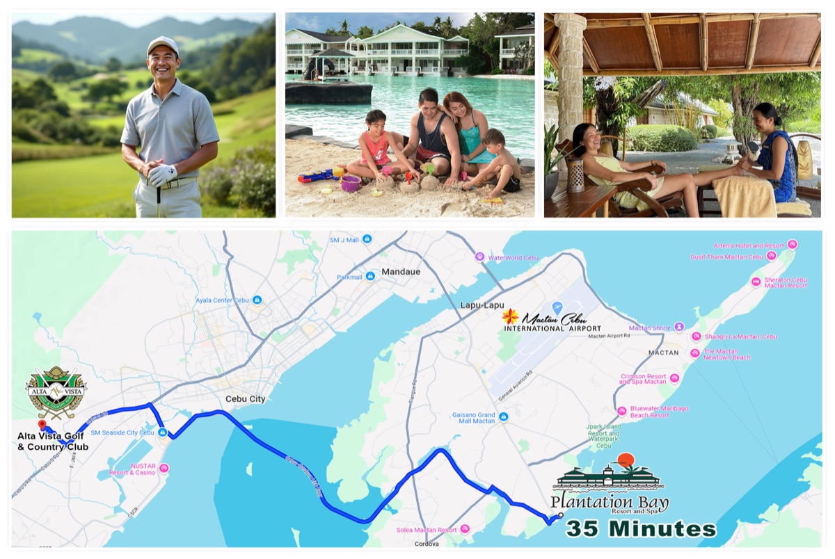 Mountain Golf Package: golfer on the course, family at the Plantation Bay lagoon, poolside massage, and the 35-minute route between Alta Vista and Plantation Bay
