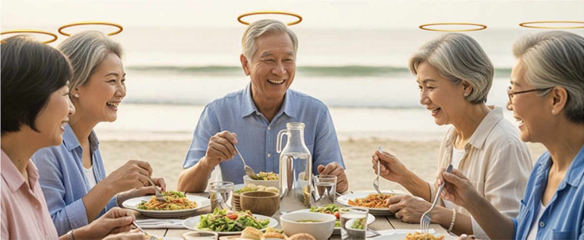 Seniors sharing a healthy meal by the sea, wearing golden halos