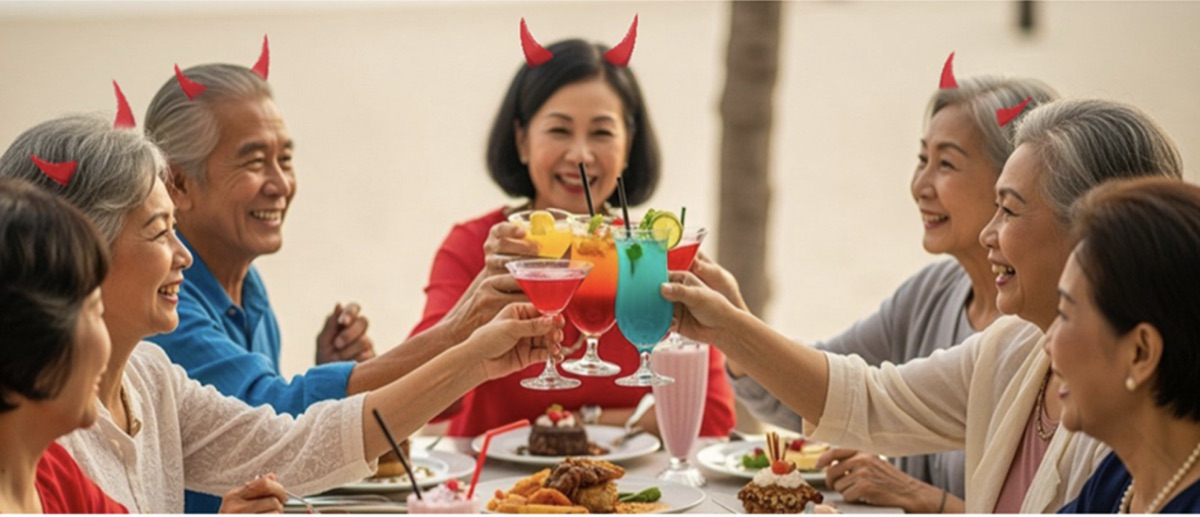 Seniors toasting with colorful cocktails and desserts by the beach, wearing playful devil horns